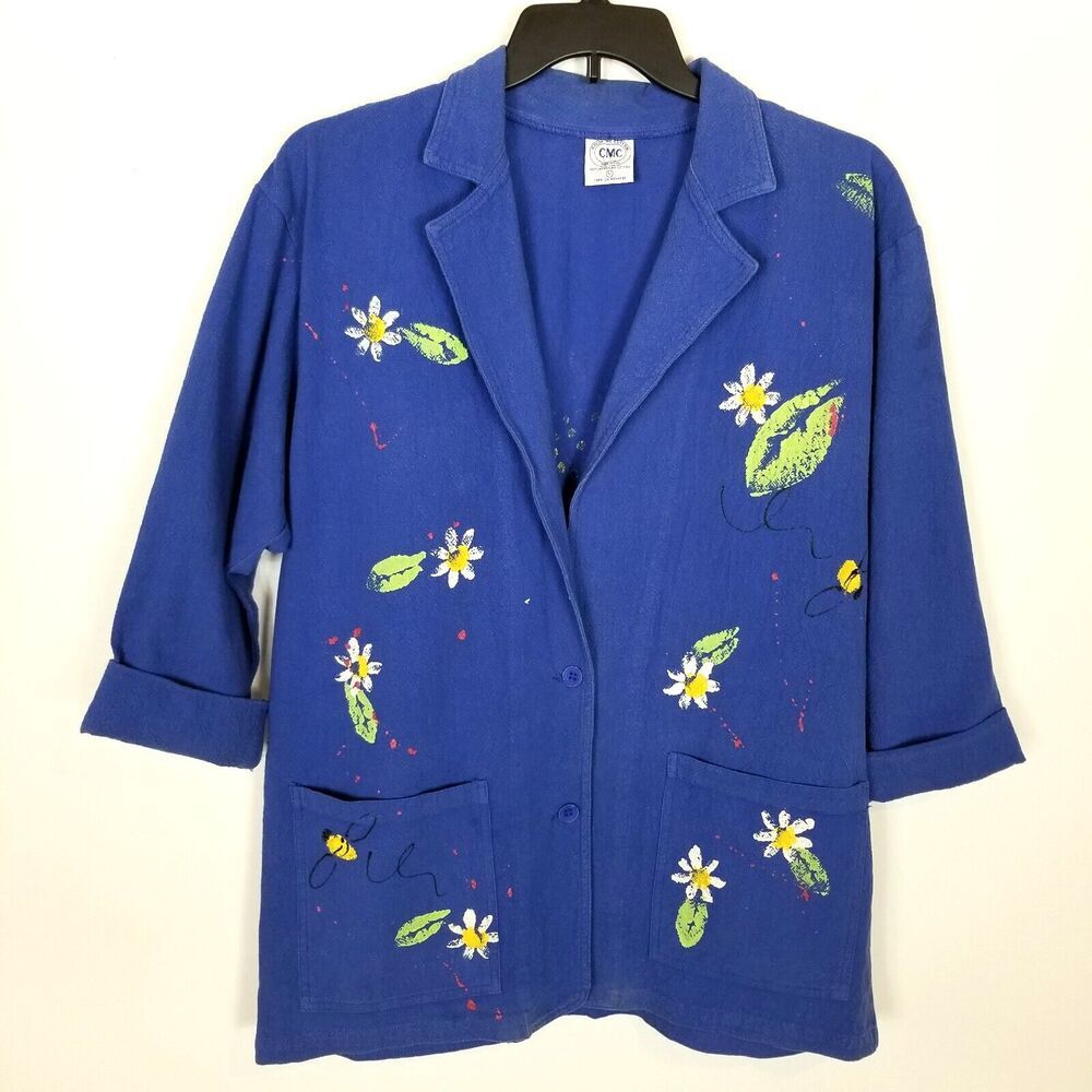CMC Color Me Cotton Painted Floral Blazer Jacket Sz M Blue Button Up Artsy USA‎